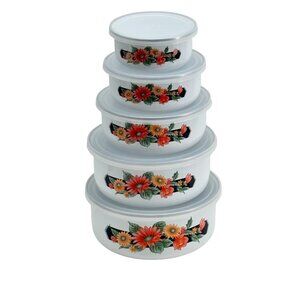 Floral Mixing Bowl Nesting 5 Piece Set Enamel Ware Lids Wild Flower NOS Vtg